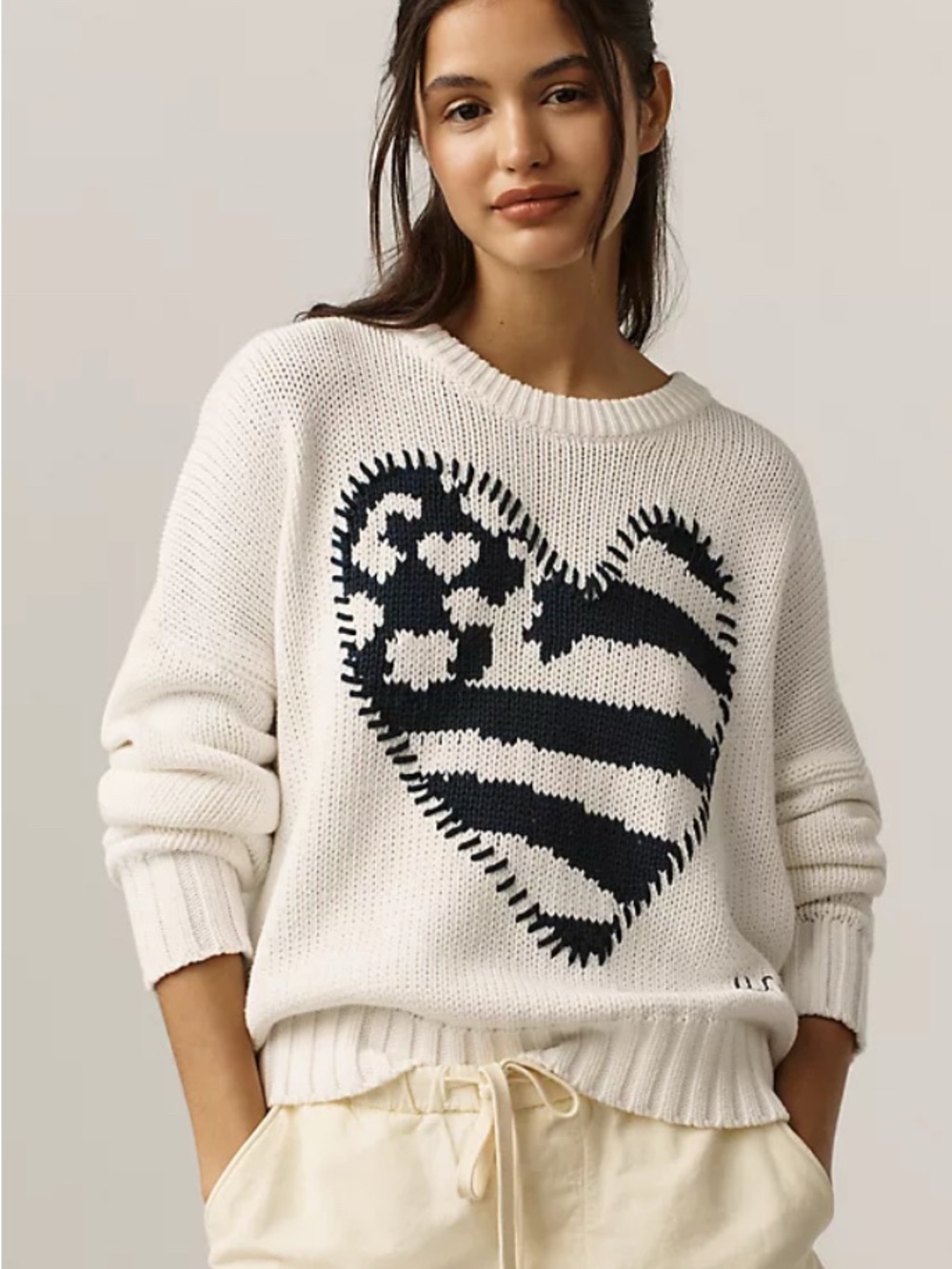 Anthropologie Cream Crewneck Sweater with Black Heart Stripe